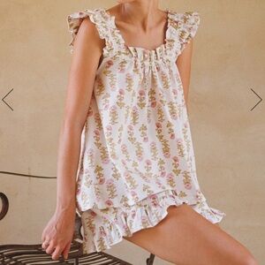 Floral Ruffle-Trim Cotton Pajama Set - Pink on Cream